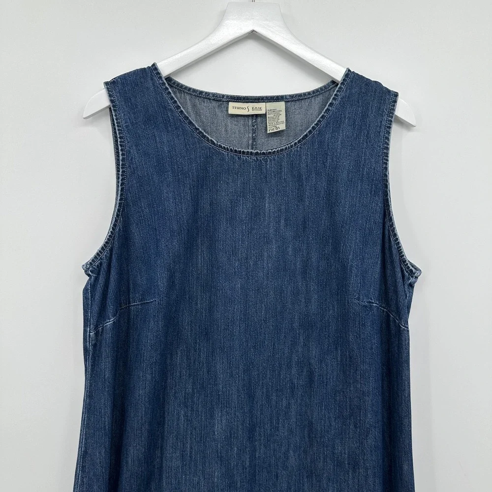 Vintage‎ Y2K Maxi Denim Dress Jumper 14W Floral Embroidered Minimalist Grunge